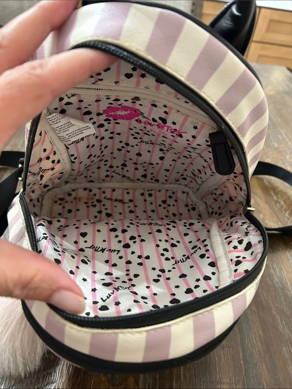 Betsey Johnson Pink & Black Quilted 'LUV' Mini Backpack with Pom